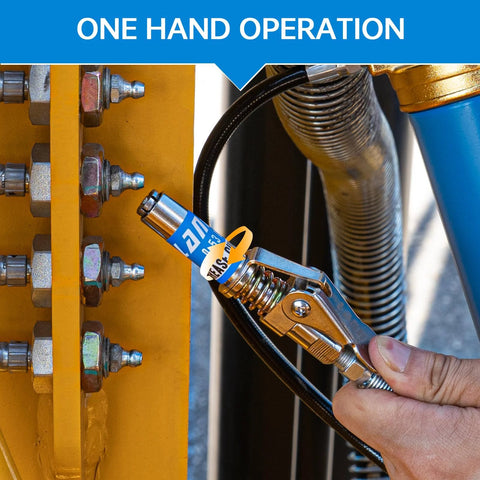 Grease gun coupler with locking lever attached to a grease fitting on yellow equipment; hand operating quick-release.