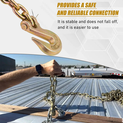 Three Eighths Inch Heavy Duty Chain Hook 6600 Lbs G70 Clevis Grab Hook shown in use on trailer securing chains