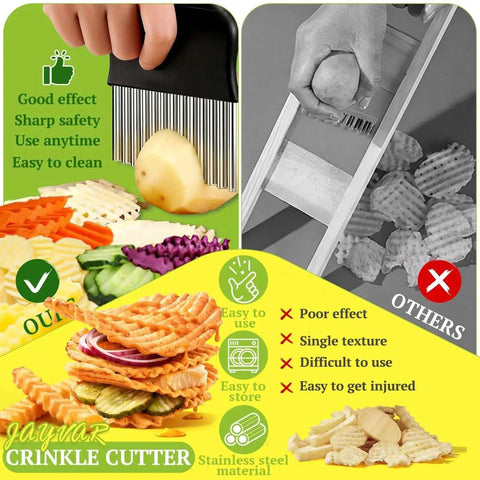 Comparison of JAYVAR Crinkle Cutter for Potatoes and Veggies with a 304 Stainless Steel Blade, showing crinkle fries being cut