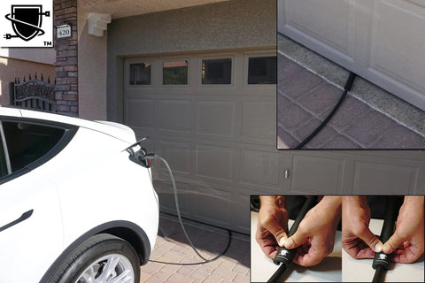 Cable Shield EV cable protector for garage door pass-through; black protective sleeve on charging cable