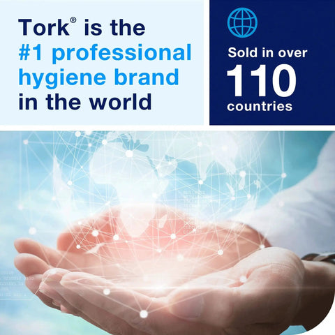 Hands holding digital globe, text "Tork is the #1 professional hygiene brand," sold in over 110 countries, blue background.