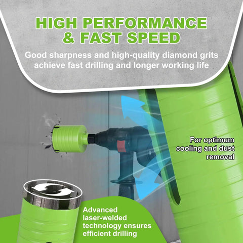 Two And A Half Inch Dry Core Drill Bit With Pilot Bit And Dual Adapters For SDS Plus And Hex Five Eighth Eleven Threaded Diamond Core Bit For Concrete Brick And Masonry Ten Inch Drilling Depth By Betteri attached to a green power drill, showcasing durability and high performance features.