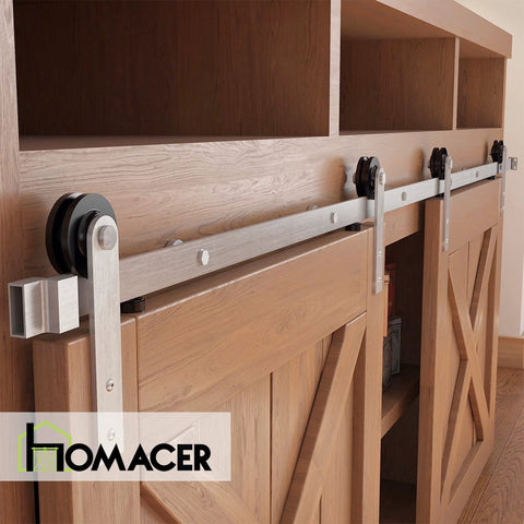 Installed Mini Brushed Nickel Sliding Barn Door Hardware Kit for Two Doors with 54 Inch Flat Track and Straight Rollers
