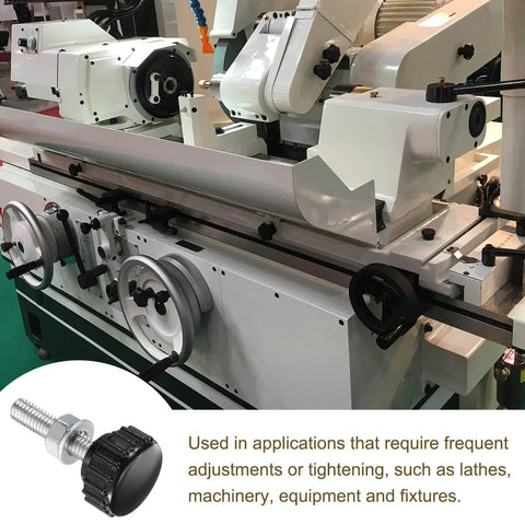Beefy 8 Sets Knurled Knobs Thumb Screws With Nuts And Washers, M5 x 20mm, attached to a lathe, showcasing installation use