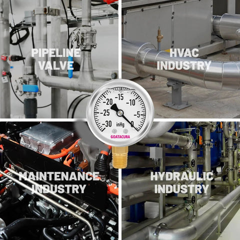 Glycerin Filled Vacuum Pressure Gauge For Vacuum Systems With Beast Tough Vibration Resistance 2 Inch Dial 304 Stainless Steel Case One Quarter Inch NPT Lower Mount High Accuracy GOATACURA shown in various industrial applications.