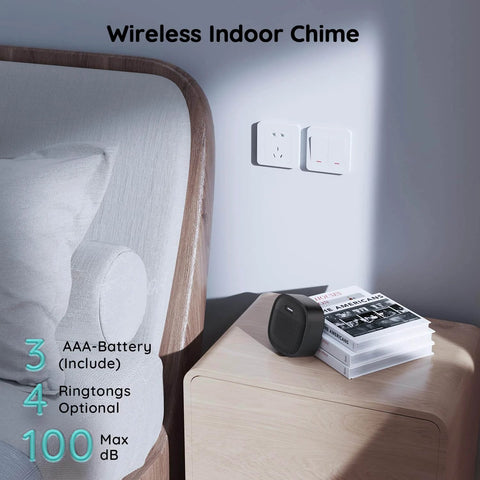 Wireless Video Doorbell With No Subscription Fees, 2K HD Live View, Wide 166 Degree Field Of View, HDR Night Vision, Motion Alerts, Two Way Audio, Battery Powered Doorbell With Chime And 2.4 GHz WiFi chime on table near sofa
