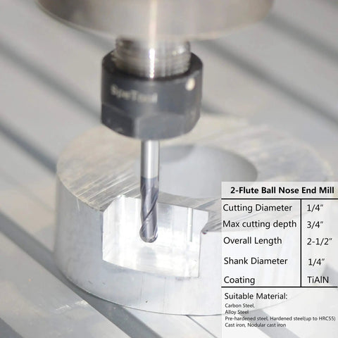 Close-up of Five Piece Ball Nose End Mill Set for CNC Router Machines, 1/4 inch shank, TiAlN coated, cutting an aluminum block.