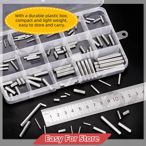 110 Piece Dowel Pin Set M2 M3 M4 M5 304 Stainless Steel Cylindrical Shelf Peg Pins in a plastic storage box, with ruler for scale.