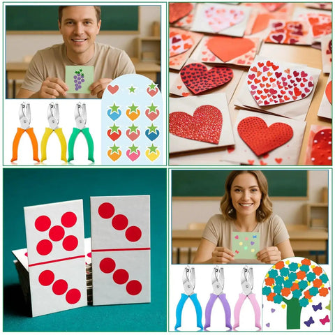 Eight Piece Hole Punch Set With Shaped Punchers for Craft Lovers featuring various punched shapes and cards
