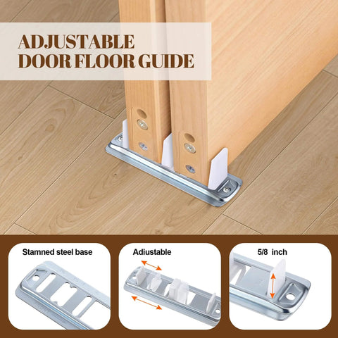 Adjustable door floor guide for Six Piece Sliding Closet Door Hardware Kit With Front And Rear Rollers, Floor Rail, Heightening Washers, And Screws