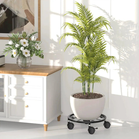 10.24 Inch Plant Caddy With Wheels For Indoor And Outdoor Use under a potted palm by a wooden cabinet