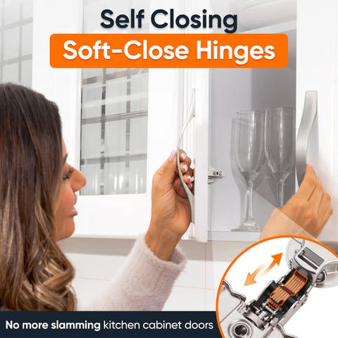 DecoBasics 2-pack full-overlay soft-close cabinet hinges with clip-on plates, installed on a white kitchen cabinet.