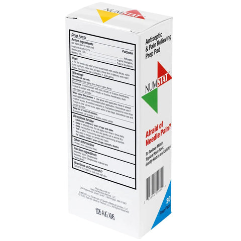 Side view of Pain Free Needle Prep Wipes With Benzocaine Menthol And Isopropyl Alcohol 2 In 1 Antiseptic Numbing Wipes box, 30 count NumStat