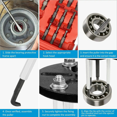 Steps showing the 21 In 1 Bearing Puller Set for quick bearing disassembly and removal, featuring red steel extractors and hooks.