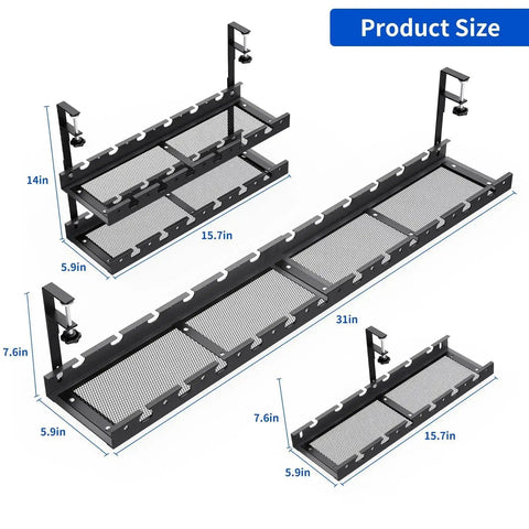 Product size comparison for Under Desk Cable Management Tray with Clamp, showing 14in, 15.7in, and 31in options, metal wire construction.