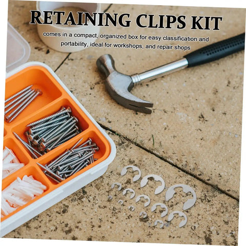 Stainless Steel External Circlip Assortment Kit E Type Retaining Rings for Shafts Gears and Bearings, assortment displayed on floor