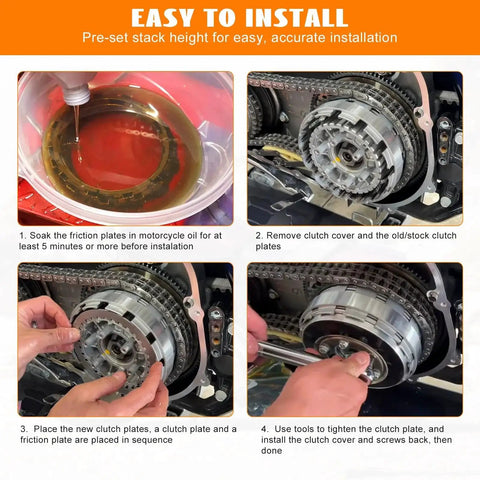 Eumti Twin Cam clutch friction plate kit for Harley; four-step installation collage showing soaking and assembly.