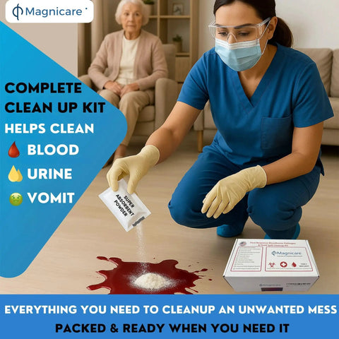 OSHA Compliant Bodily Fluid Cleanup Kit With Vomit Pack For Schools, Restaurants And Retirement Homes in use on spill