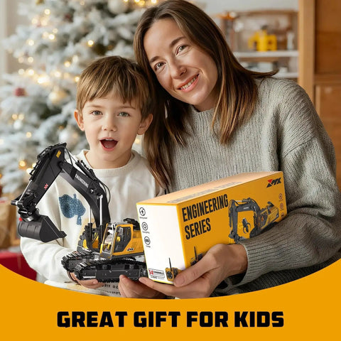 Woman and child holding 3 In 1 Remote Control Excavator Toy With Interchangeable Bucket Claw And Drill package, ideal gift