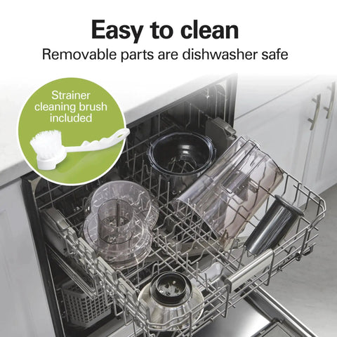 Juicer parts set in an open dishwasher (front view) including strainers and a cleaning brush.