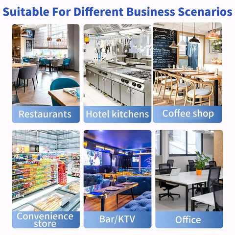 Six images showing spaces like restaurants, hotel kitchens, coffee shops, convenience stores, bars, and offices.