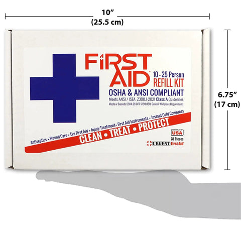Refill And Upgrade 25 Person First Aid Kit, 78 Pieces, ANSI Z308.1-2021 Class A, OSHA Compliant, box dimensions 10x6.75 inches