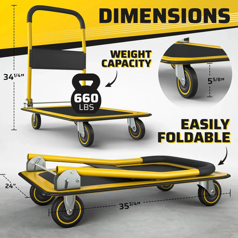 Dimensions of Heavy Duty Foldable Push Cart Dolly With 660 Lb Capacity and Upgraded Collapsible Hand Truck, bright yellow, folded view