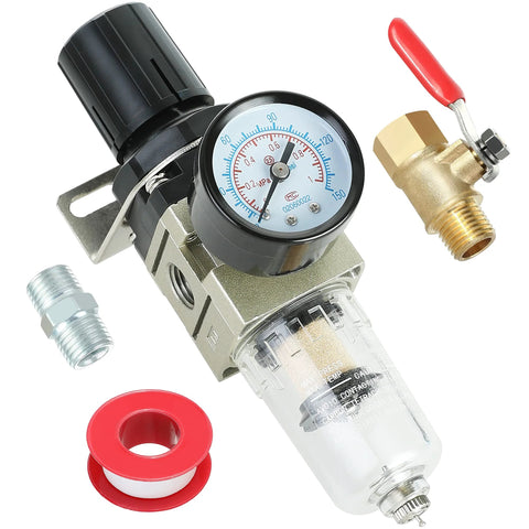 Hromee 1/4-inch air compressor filter regulator combo with pressure gauge, water/oil separator, manual drain, ball valve and bracket.