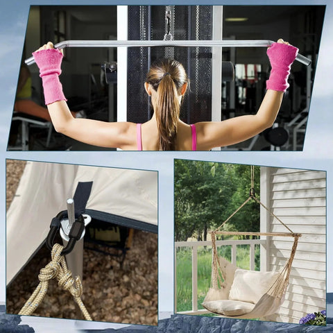 Collage showing M3.5 Black Quick Link Chain Connector Set used in gym equipment, tent setup, and outdoor hammock hanging.