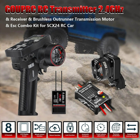 Racing RC Transmitter With 8 Channels 2.4GHz And Receiver Plus Beefed Up 2204 2400KV Brushless Outrunner Motor And 30A ESC For SCX24 Axial 1/24 RC Car Crawler Black, showing controller, motor, and ESC.