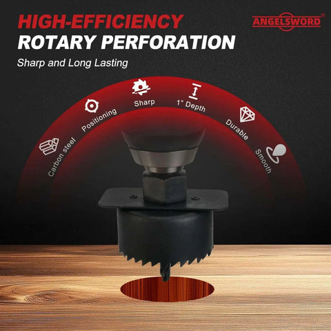 Remodel Ready 24 Piece Hole Saw Kit With 14 Blades From Three Quarter Inch To Six Inch For Drywall Wood Plywood Plastic And PVC Includes Two Mandrels And Drill Bits For DIY Renovation Projects shown with high-efficiency rotary perforation feature.