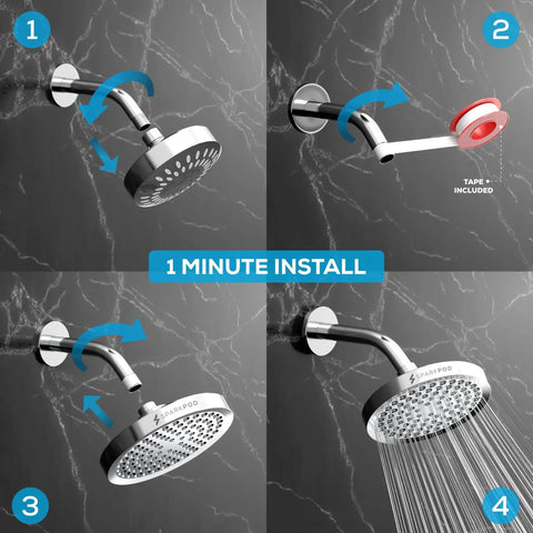 Installation steps for High Pressure Rain Shower Head 6-Inch Round Chrome With Easy Toolless Install on a marble wall