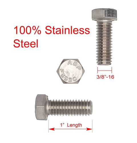 Heavy Duty Three Eighths Inch By Sixteen Threads Per Inch Hex Bolts One Inch Long Stainless Steel 304 corrosion resistant bolts