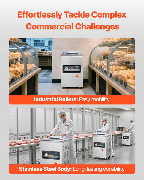 Chamber vacuum sealer with LED display in a bakery kitchen; stainless steel commercial sealers on a meat-processing line.