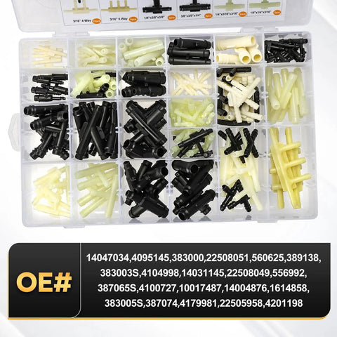159-piece Automotive Vacuum Tubing Connector Kit with nylon fittings, including straight, tee, reducer, four-way, and five-way connectors.