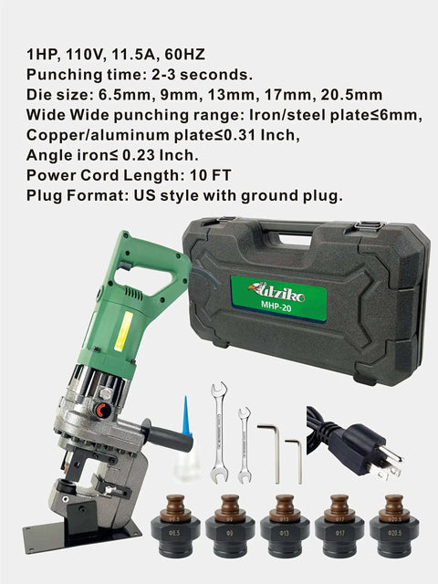 Electric Hydraulic Punching Tool 1.2 HP 110V Heavy Duty Puncher with accessories for metalwork on display