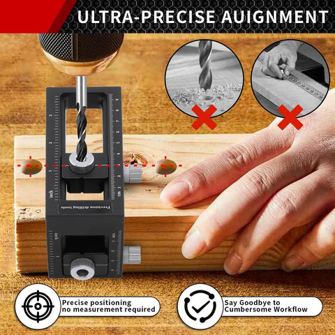 Pro Grade 2-In-1 Doweling Jig Kit for woodworking with drill bit inserted into wood, showcasing alignment feature.