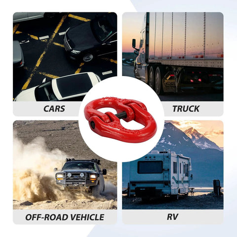 Half Inch Tow Hitch Hammer Lock Safety Chain Adapter Connector Link, G80 Alloy Steel, Red Finish, in various vehicle use backgrounds