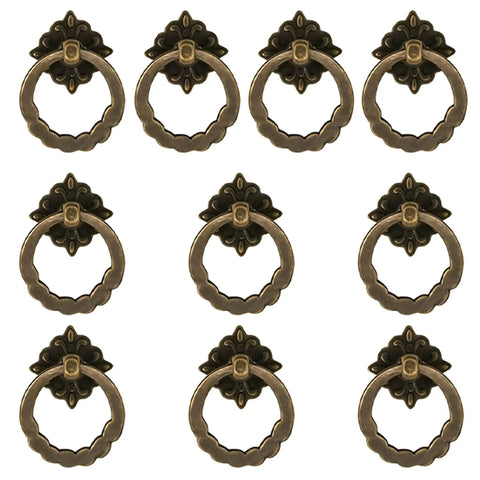 10 Piece Set Retro Style Bronze Drop Ring Cabinet Pulls For Dresser And Antique Drawers Includes Mounting Screws Single Hole Decorative Hardware For Furniture Cupboard For Easy Installation Vintage Round Knob Style
