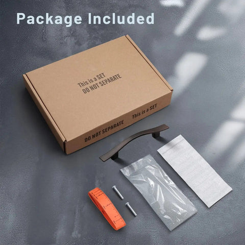 Packaging including 15 Pack Curved Oil Rubbed Bronze Cabinet Pulls, screws, and measuring tape