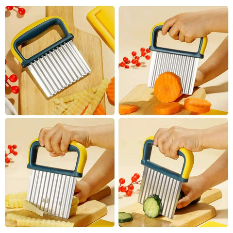 Crinkle Cutter Knife For Fries And Veggies, Durable 430 Stainless Steel Crinkle Fry Cutter With Protective Cover, shown in use.