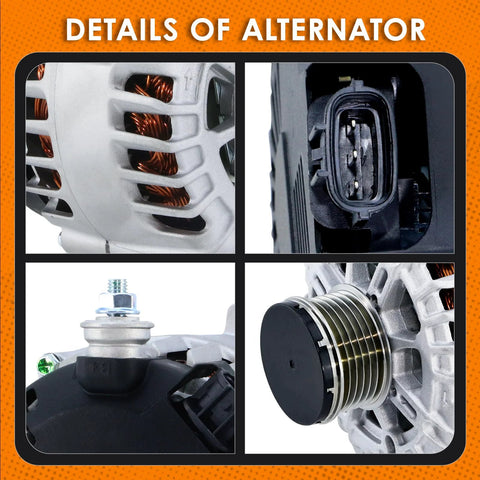 Details of 12V 110 Amp Bolt On Plug And Play Alternator With 3 Pin Connector showing close-up of components