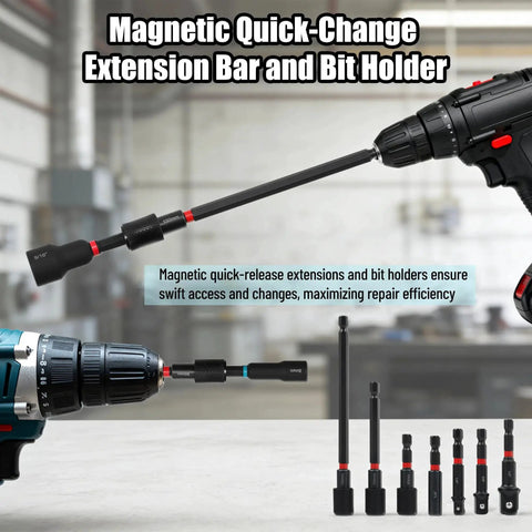 29-Piece Magnetic Nut Driver Set With 1/4 Inch Hex Shank SAE And Metric Cr-V Steel Construction shown with quick release extensions and impact socket adapters.