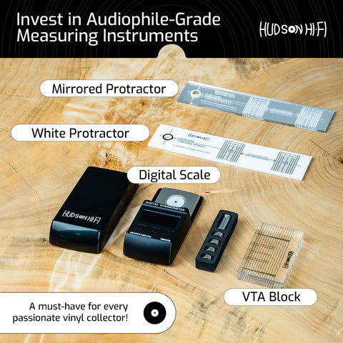 Mirrored Turntable Phonograph Cartridge Alignment Protractor for One Half Inch Cartridges with S Shaped Arm Eliminate Tracking Errors Easy Setup Guide Printed Directly on the Tool LP Vinyl Phono Stylus Alignment Accessory VTA Sold Separately displayed with digital scale and protractors on wooden surface