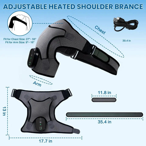 Cordless Shoulder Heating Pad With Massage On The Go shown with adjustable straps and dimensions in inches, suitable for chest 27-55 in.