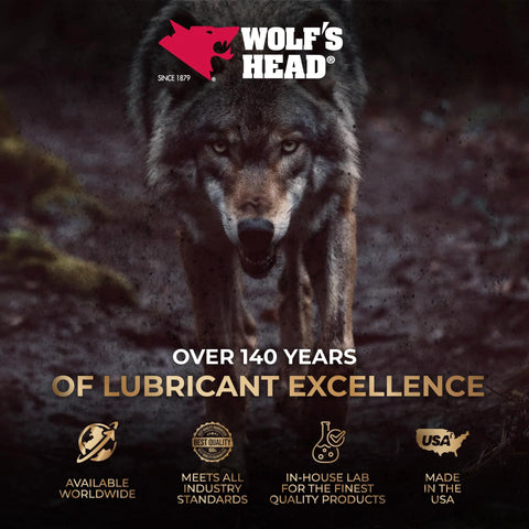 Wolf’s Head Red Grease banner with a howling wolf, brand logo at top, and the Over 140 Years of Lubricant Excellence slogan.