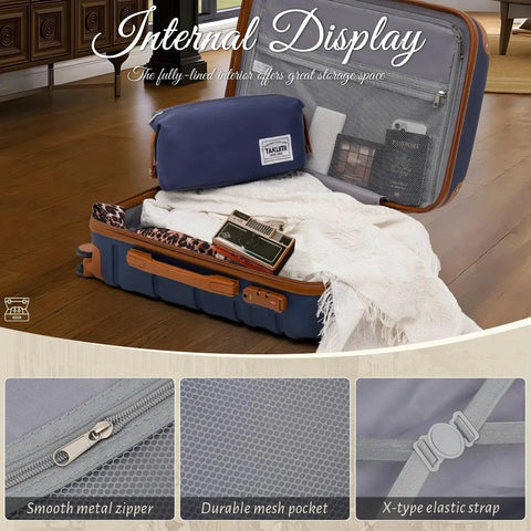 Lightweight 3 Piece Carry On Luggage Set With ABS Plus PC Hardshell Suitcases, open navy suitcase interior with mesh pocket