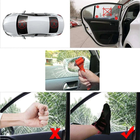 Must Have Emergency Car Safety Hammer Set Of 2 In 1 Window Breaker And Seat Belt Cutter For Quick Family Escape And Auto Rescue Tools In Any Crash, Sturdy Carbon Steel Construction For Reliable Breakthrough By SINSEN shown breaking car window