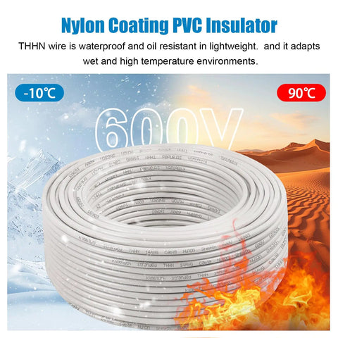 THHN Wire 14 Gauge 50 Ft Stranded Copper Wire White Nylon Jacket Building Wire For Residential Commercial CNC Ground And Industrial Use Ideal For Home Upgrades And Pro Projects on spool, showcasing insulation ratings.