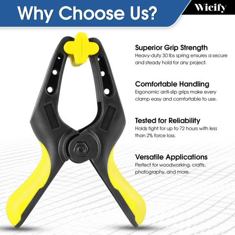 6-inch heavy-duty plastic spring clamp with yellow handles and black body for woodworking